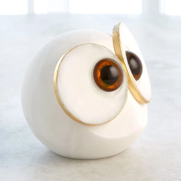 Ornement hibou rond en albâtre blanc - Image 3