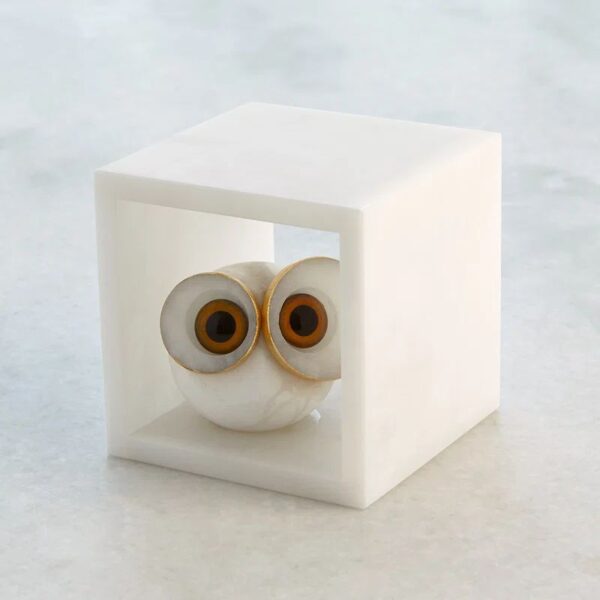 Ornement hibou rond en albâtre blanc - Image 8
