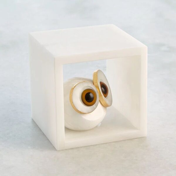 Ornement hibou rond en albâtre blanc - Image 7