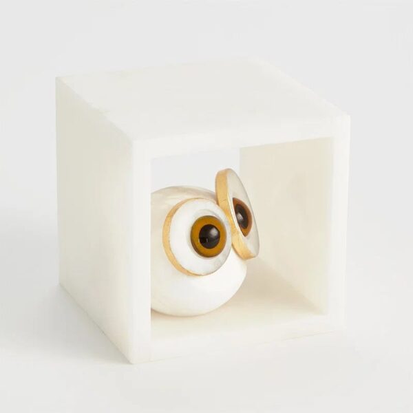 Ornement hibou rond en albâtre blanc - Image 5