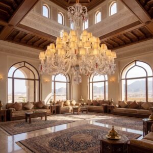 Large multi-tier brass chandelier with beige fabric shades in Oman luxury villa majlis