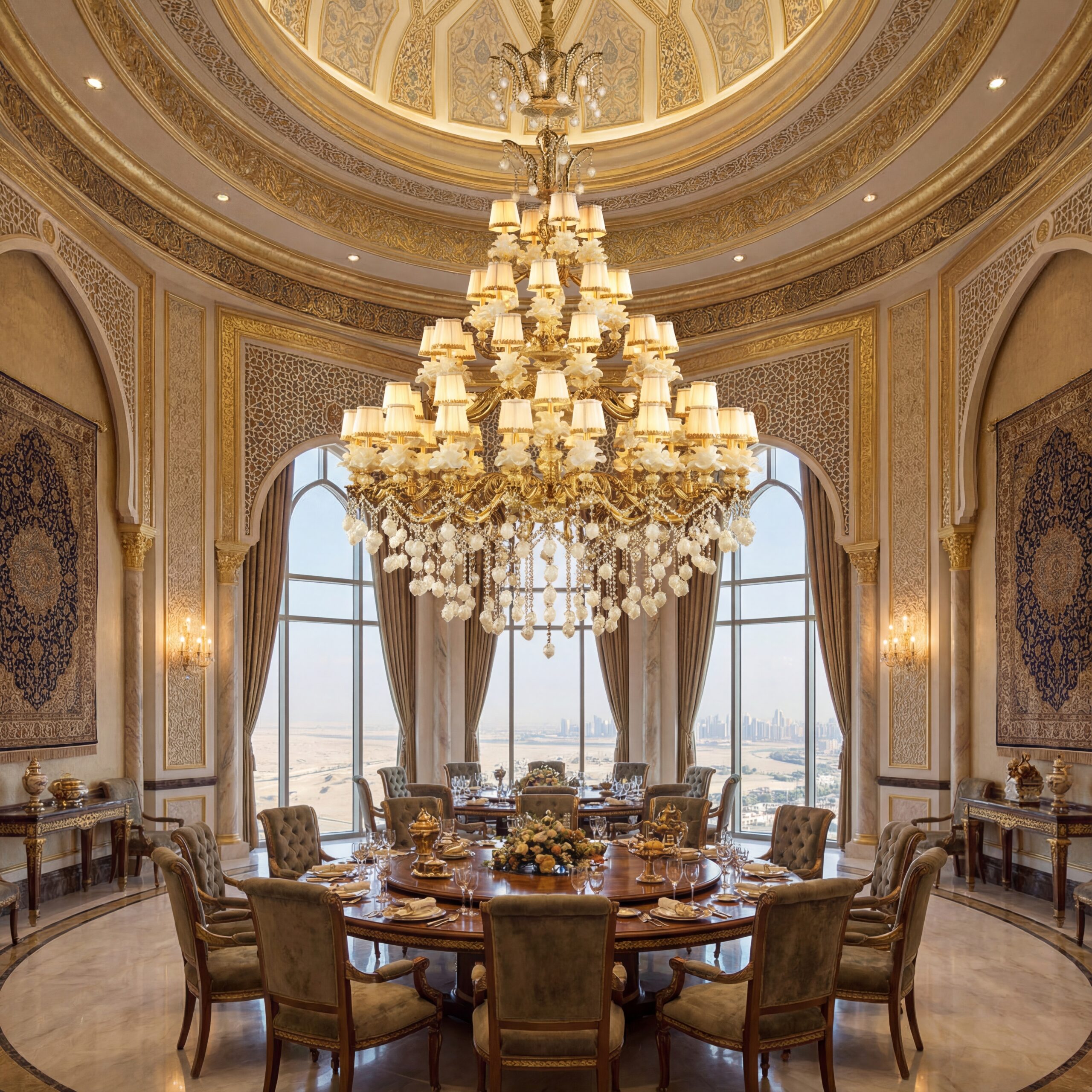 Massive 4-tier gold and crystal chandelier with fabric shades in luxury Abu Dhabi VIP dining hall