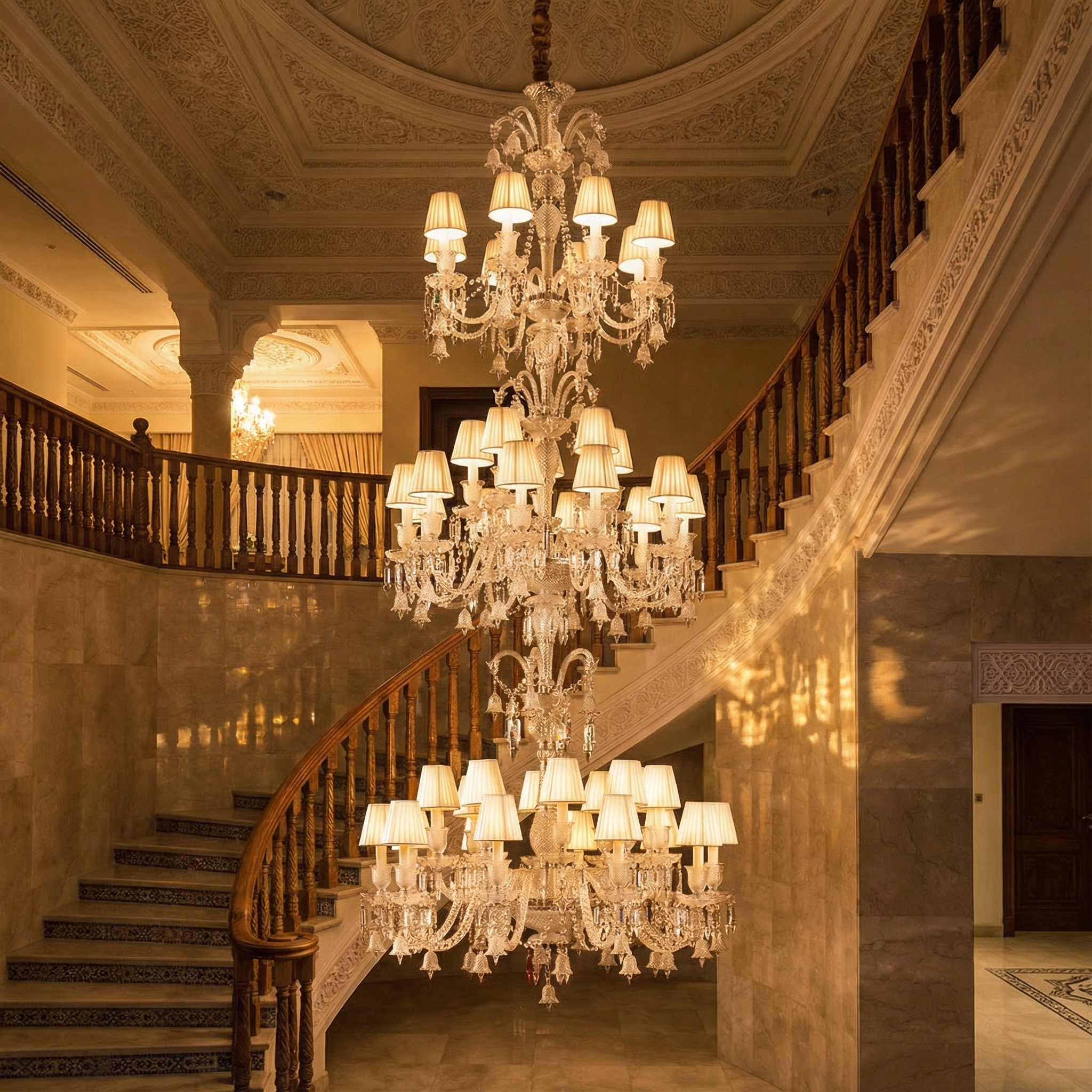 Massive multi-tiered glass chandelier with cream fabric shades hanging in a luxury marble staircase in Bahrain