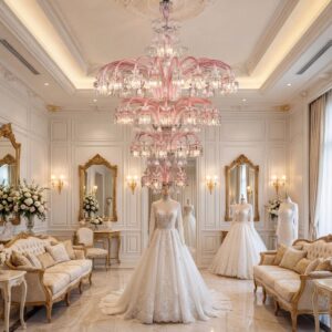 Large custom pink glass chandelier installed in luxury bridal shop Paris