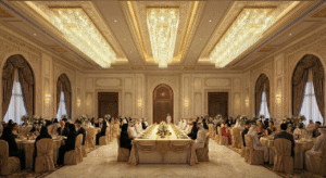 Bespoke Triple-Array Crystal Ceiling Solution for Grand Wedding Hall in Riyadh