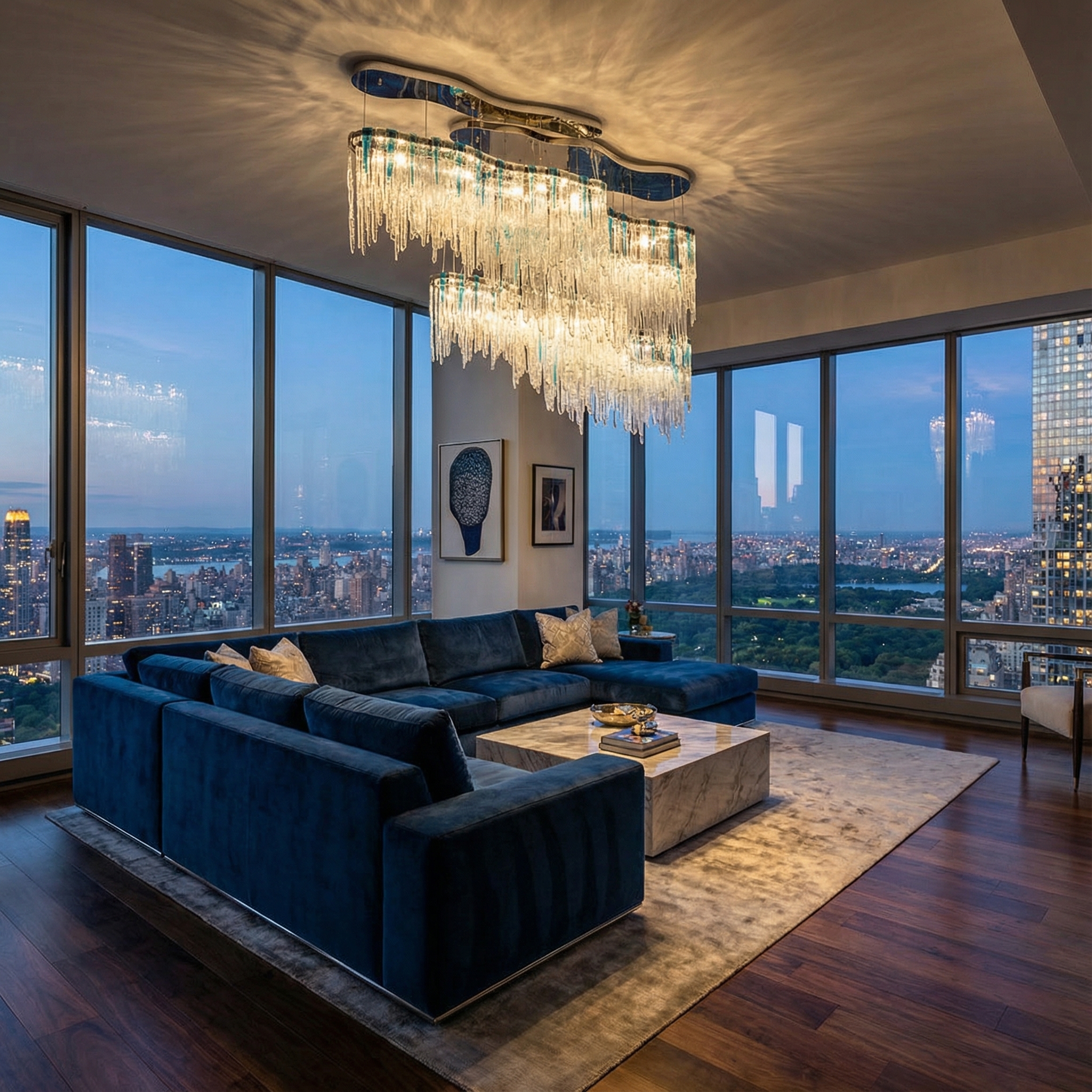 Linear organic glass chandelier with blue accents hanging in a luxury Manhattan penthouse living room with skyline views