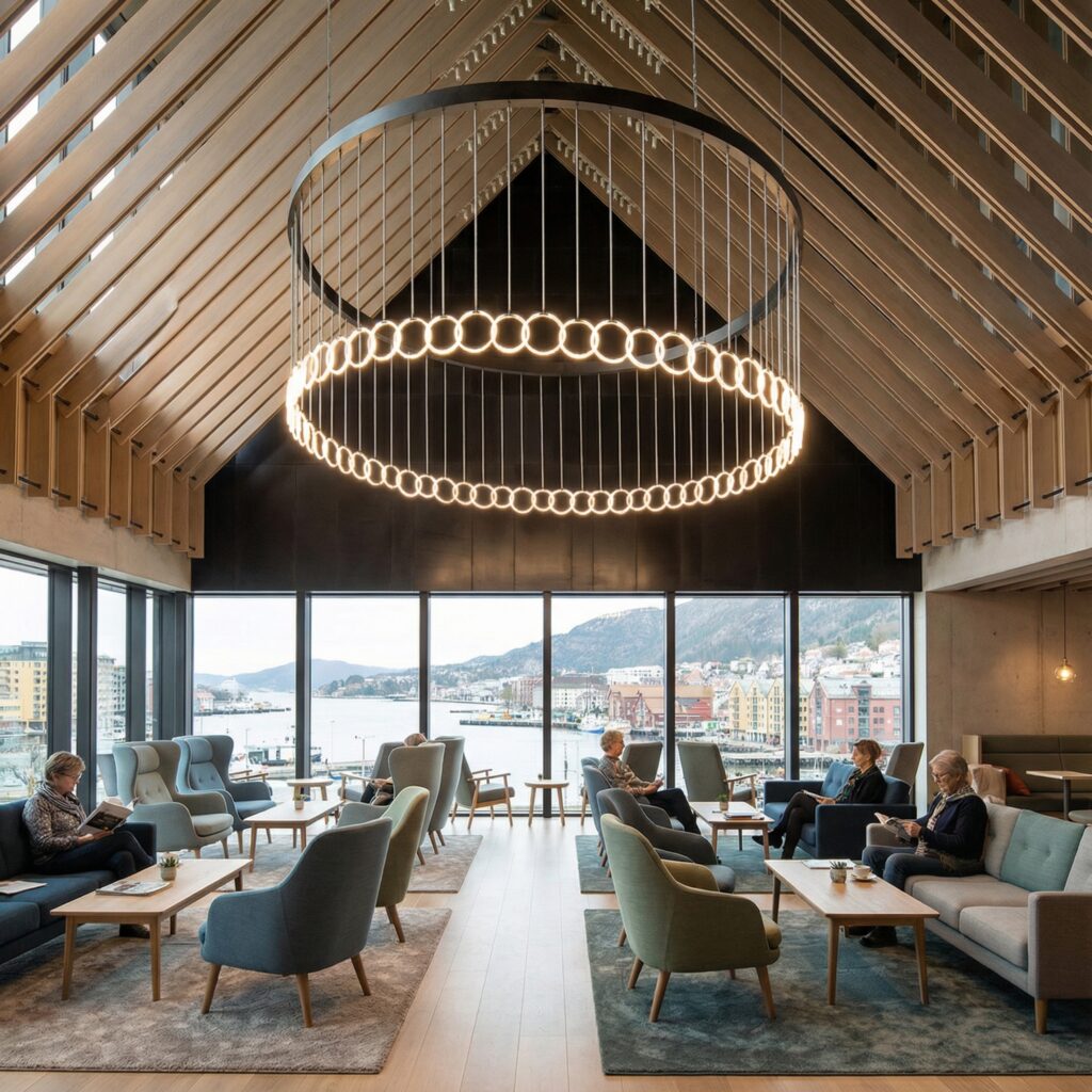Massive black ring chandelier with suspended LED loops hanging in a timber-roofed cultural center in Bergen overlooking the harbor