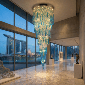 Massive blue and clear glass drop chandelier hanging in a modern concrete art space overlooking Singapore Marina Bay