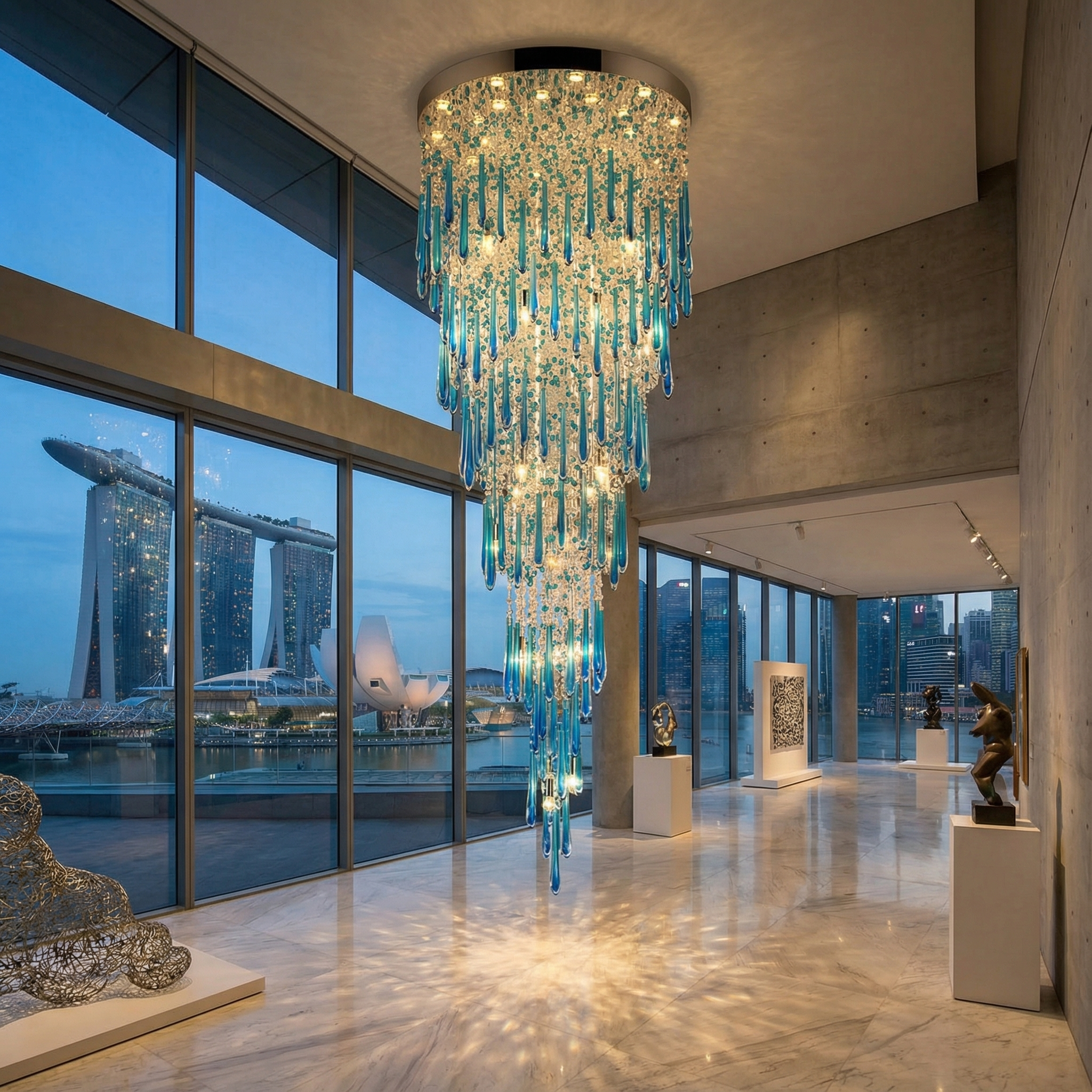 Massive blue and clear glass drop chandelier hanging in a modern concrete art space overlooking Singapore Marina Bay