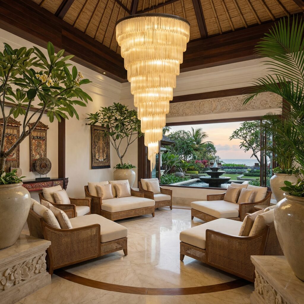 Massive warm-toned tiered chandelier hanging in a Balinese style open-air spa lounge with bamboo roof and rattan furniture