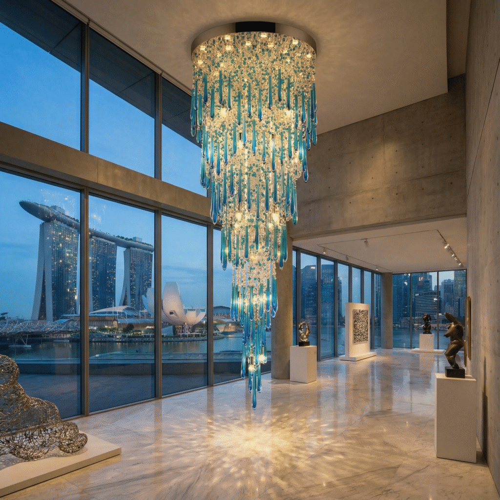 “Azure Symphony”: A Bespoke Art Installation Chandelier for a Singapore Marina Bay Commercial Complex