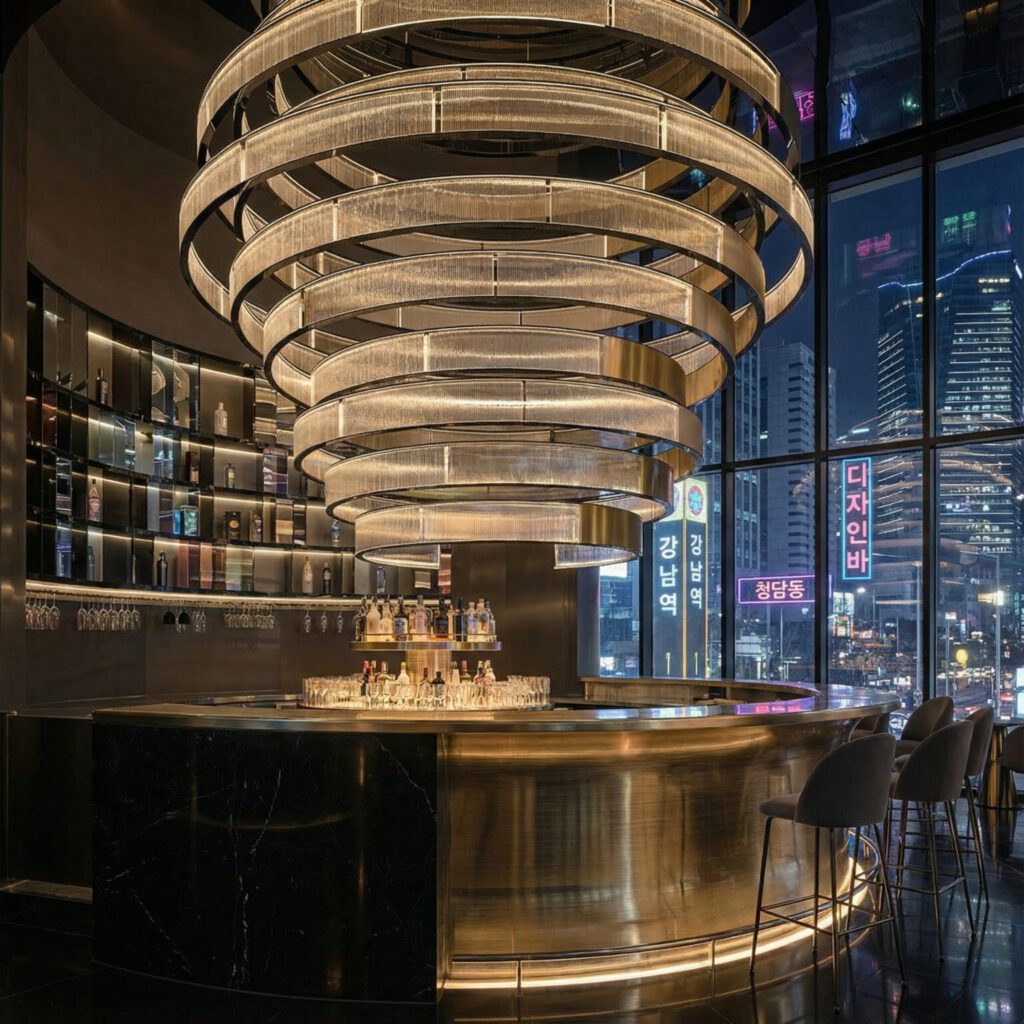 “Neon Noir”: A Monumental Circular Chandelier for a Gangnam Designer Lounge