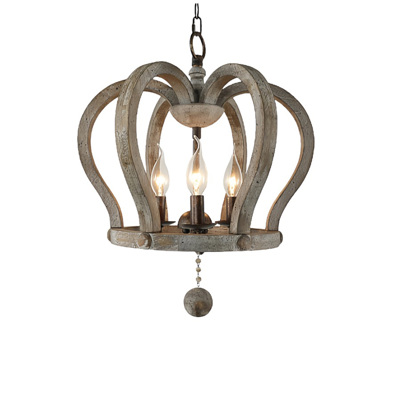 Rustic Crown-Shaped Wood & Metal Cage Pendant Light - Image 3