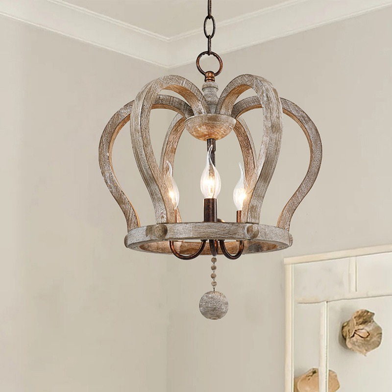 Rustic Crown-Shaped Wood & Metal Cage Pendant Light