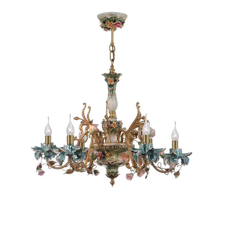 Floral Porcelain & Brass Chandelier Set - Image 4