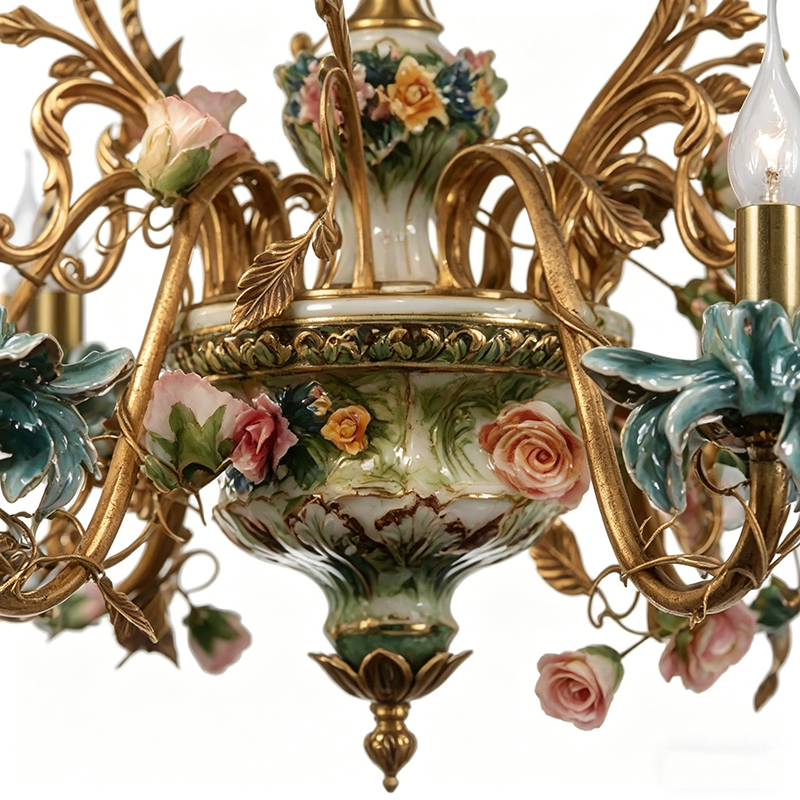 Floral Porcelain & Brass Chandelier Set - Image 3