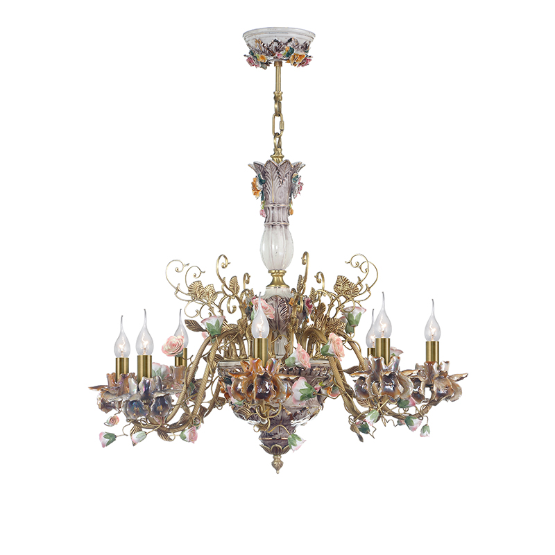 Floral Porcelain & Brass Chandelier Set - Image 8