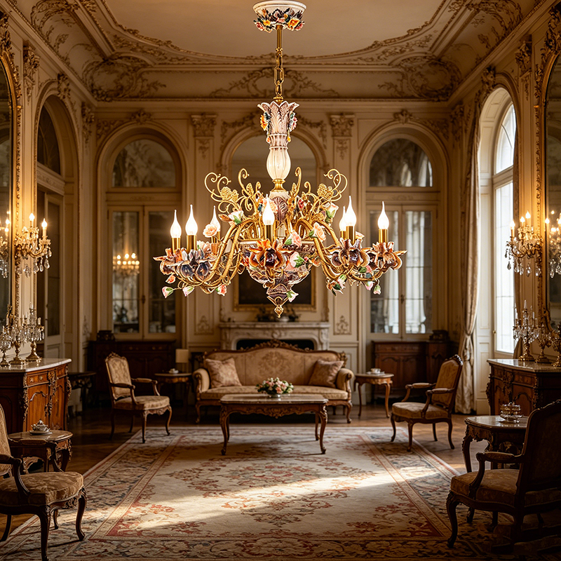 Floral Porcelain & Brass Chandelier Set - Image 5