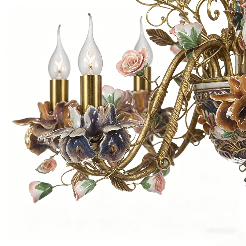 Floral Porcelain & Brass Chandelier Set - Image 7