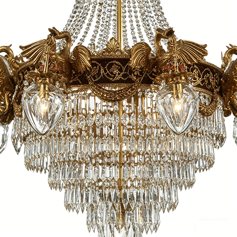 Brass Swan & Tiered Crystal Cone Chandelier - Image 2