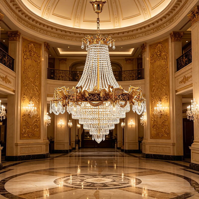 Brass Swan & Tiered Crystal Cone Chandelier