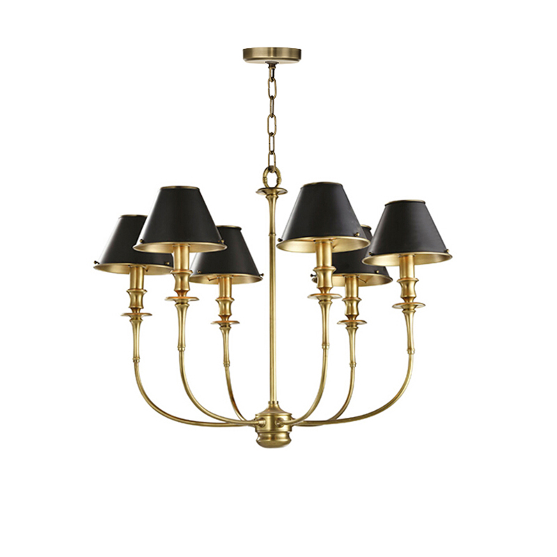 Vintage Brass & Black Shade Chandelier - Image 3