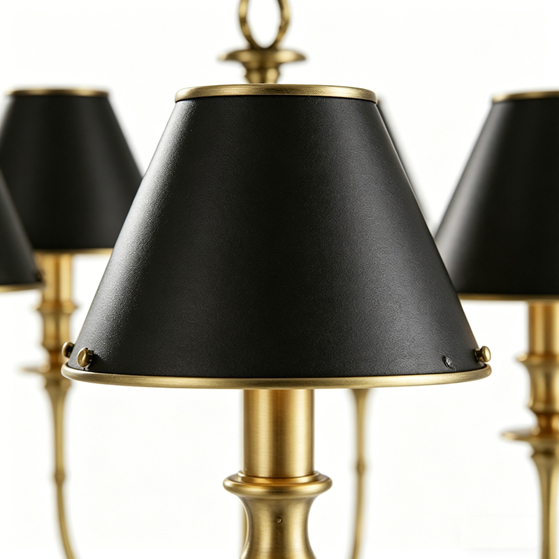 Vintage Brass & Black Shade Chandelier - Image 2