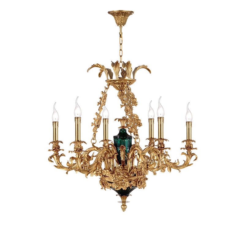 Baroque-Style Brass & Emerald Green Glass Chandelier Duo - Image 3
