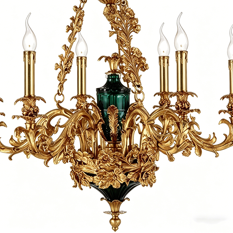 Baroque-Style Brass & Emerald Green Glass Chandelier Duo - Image 2