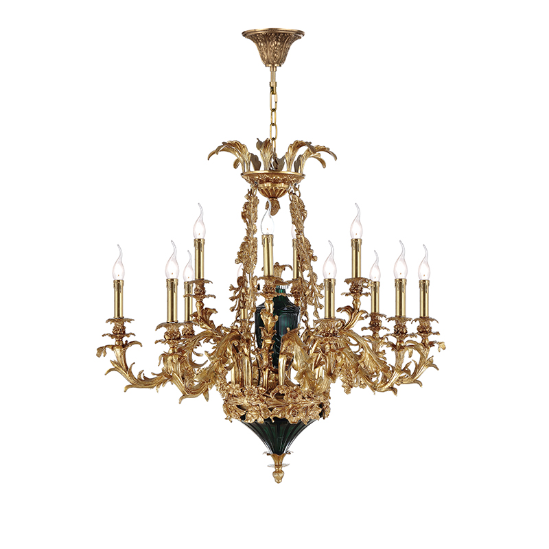 Baroque-Style Brass & Emerald Green Glass Chandelier Duo - Image 6