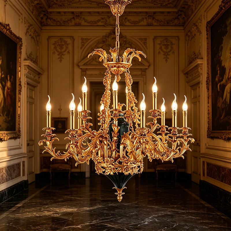 Baroque-Style Brass & Emerald Green Glass Chandelier Duo - Image 4