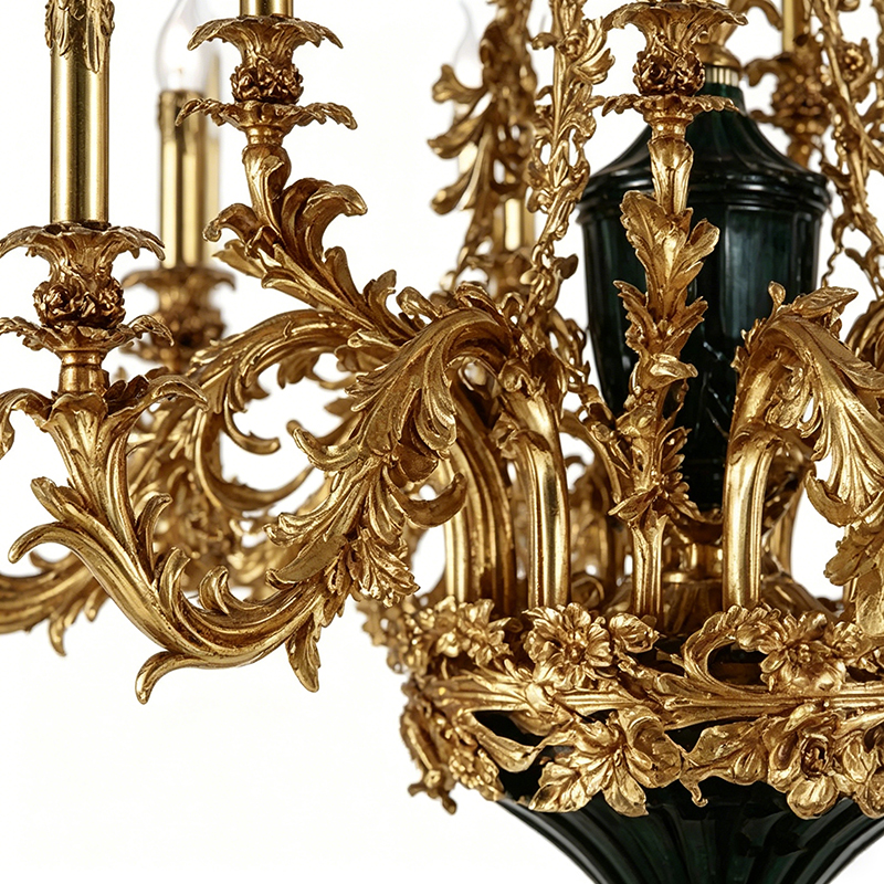 Baroque-Style Brass & Emerald Green Glass Chandelier Duo - Image 5