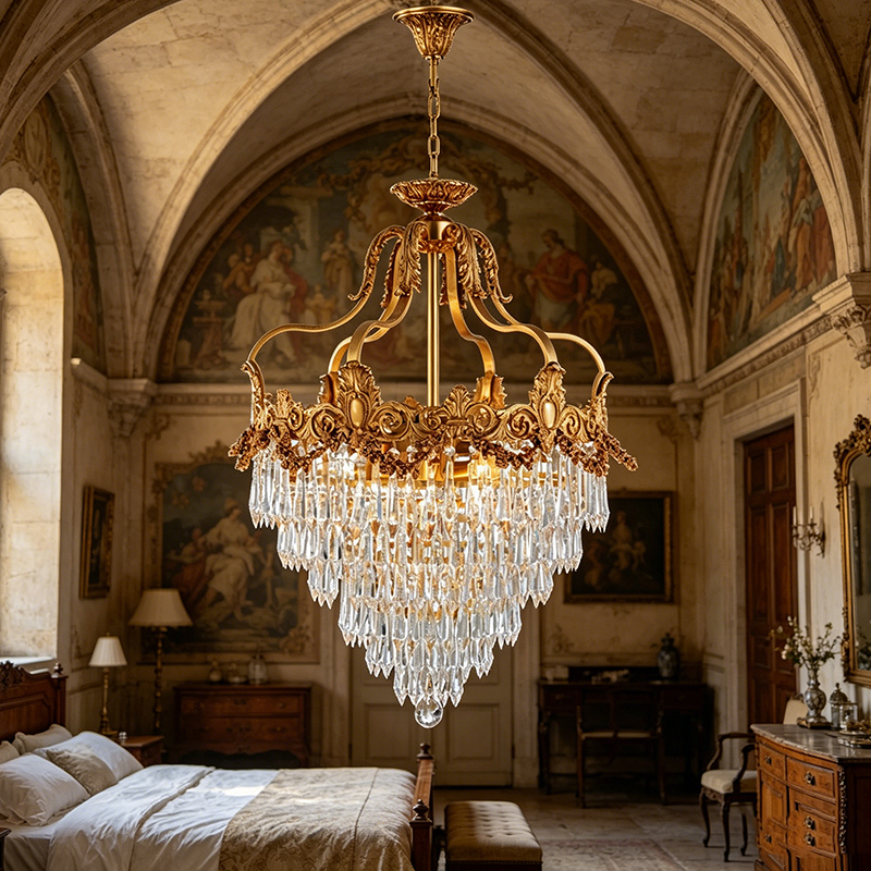 Gilded Brass & Tiered Crystal Waterfall Chandelier Set