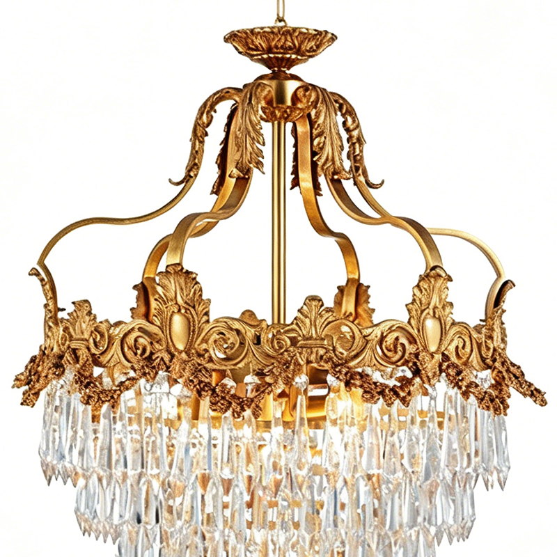 Gilded Brass & Tiered Crystal Waterfall Chandelier Set - Image 2