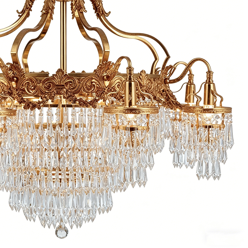 Gilded Brass & Tiered Crystal Waterfall Chandelier Set - Image 5