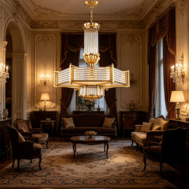 Art Deco Brass & Ribbed Glass Chandelier Duo