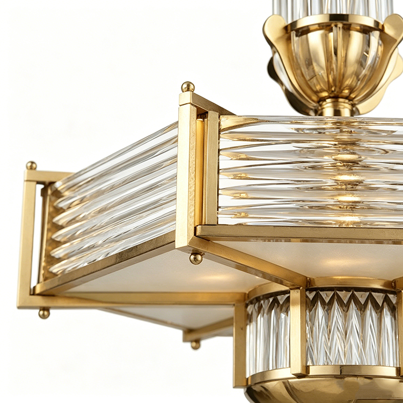 Art Deco Brass & Ribbed Glass Chandelier Duo - Image 2