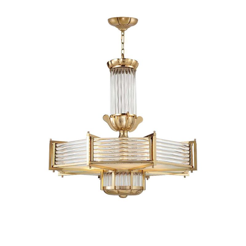 Art Deco Brass & Ribbed Glass Chandelier Duo - Image 6