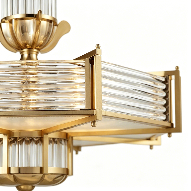 Art Deco Brass & Ribbed Glass Chandelier Duo - Image 5