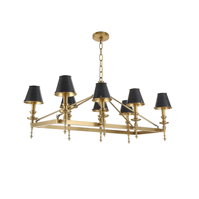 Linear Brass & Black Tapered Shade Chandelier - Image 3