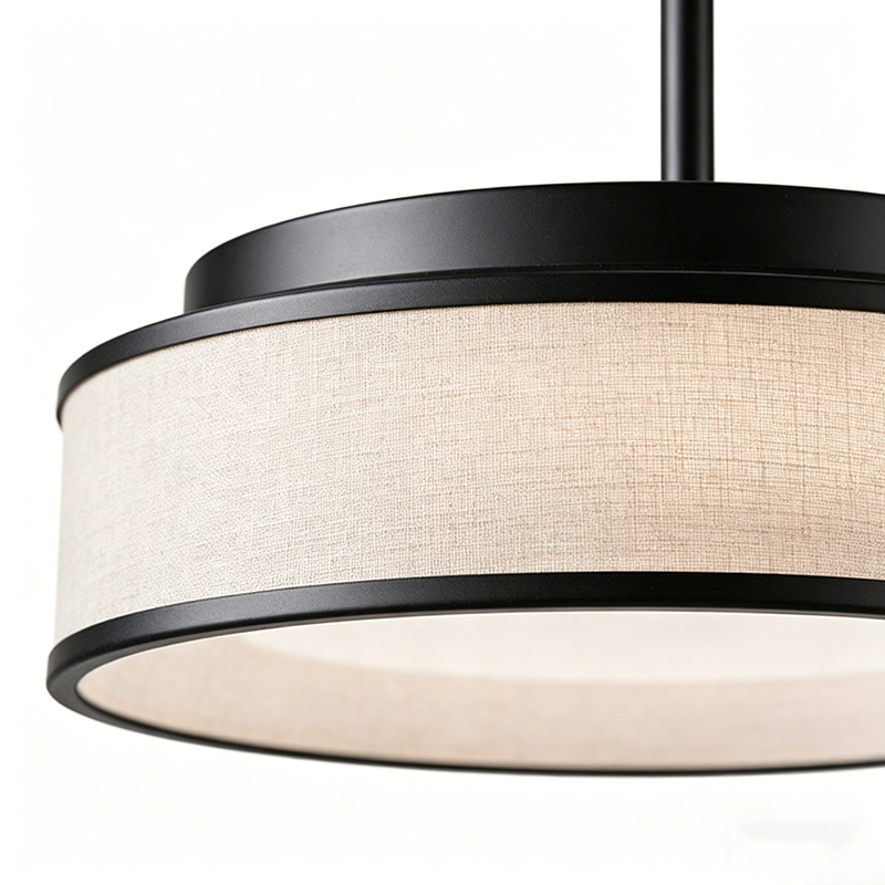 Black Metal & Beige Fabric Drum Pendant Light - Image 2