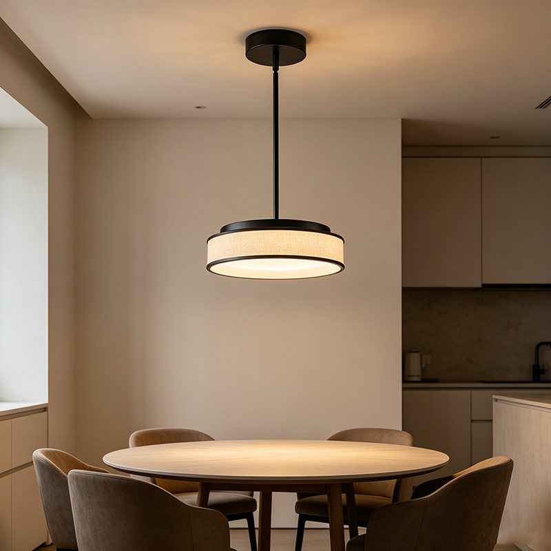 Black Metal & Beige Fabric Drum Pendant Light