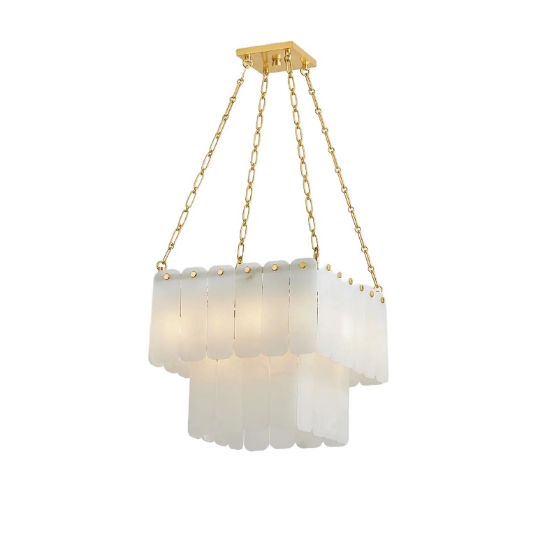 Layered Alabaster & Gold Chain Chandelier Duo - Image 3
