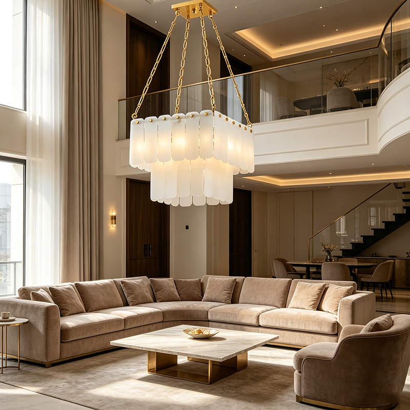 Layered Alabaster & Gold Chain Chandelier Duo