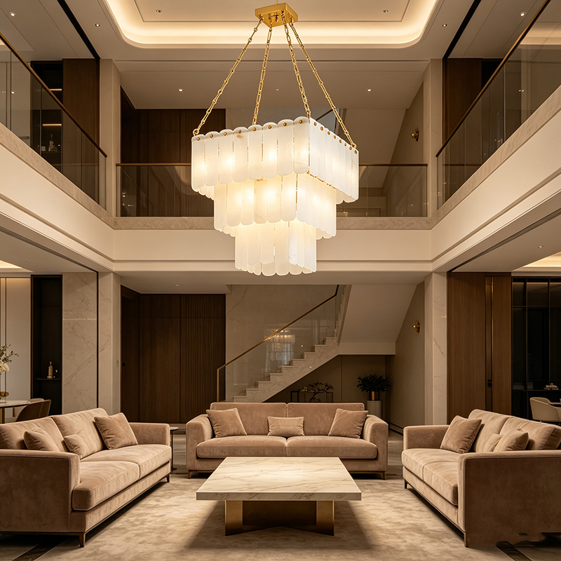 Layered Alabaster & Gold Chain Chandelier Duo - Image 4