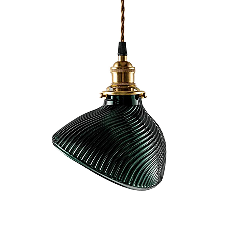 Industrial Brass & Ribbed Green Glass Pendant Lights, Textured Dome Hanging Lamps - Image 4