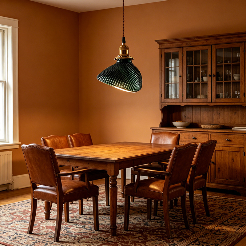 Industrial Brass & Ribbed Green Glass Pendant Lights, Textured Dome Hanging Lamps