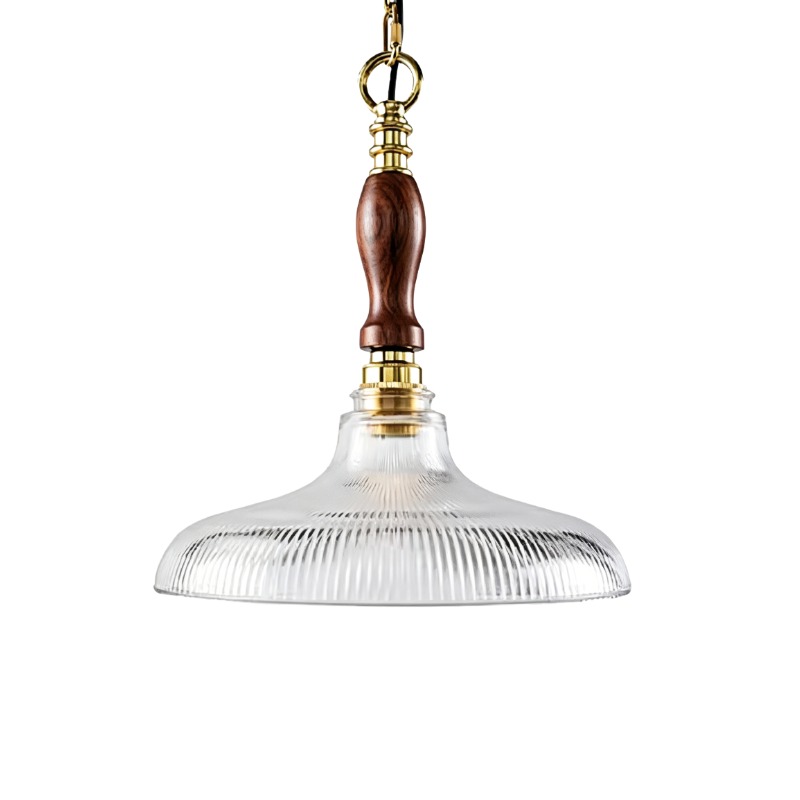 Rustic Brass & Wood Glass Pendant Lights, Farmhouse Fluted Shade Hanging Lamps - Image 3