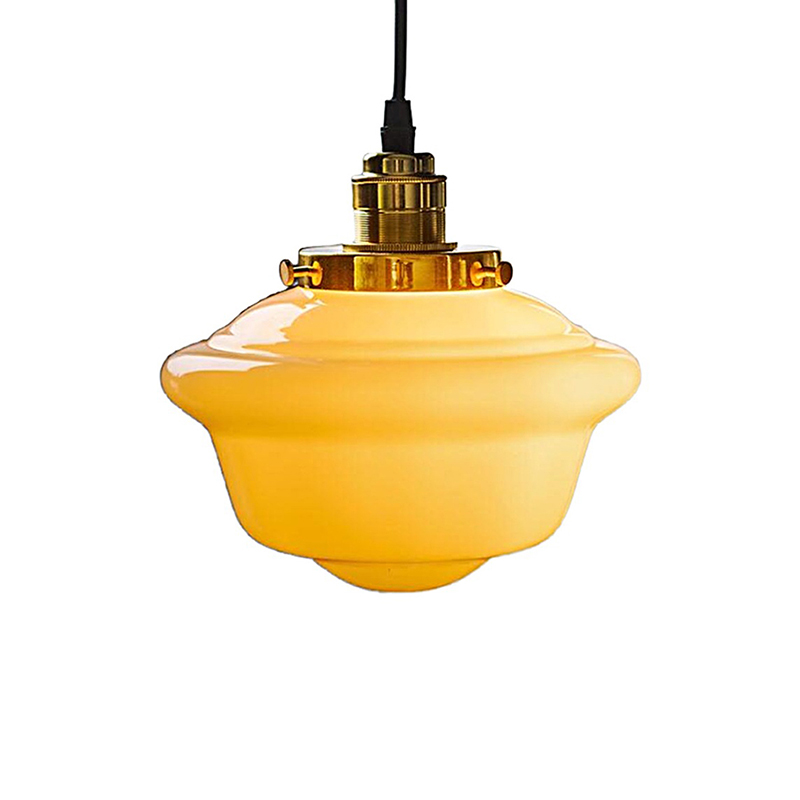Vintage Amber Glass & Brass Schoolhouse Pendant Light - Image 3