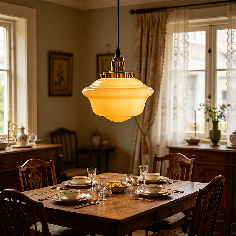Vintage Amber Glass & Brass Schoolhouse Pendant Light